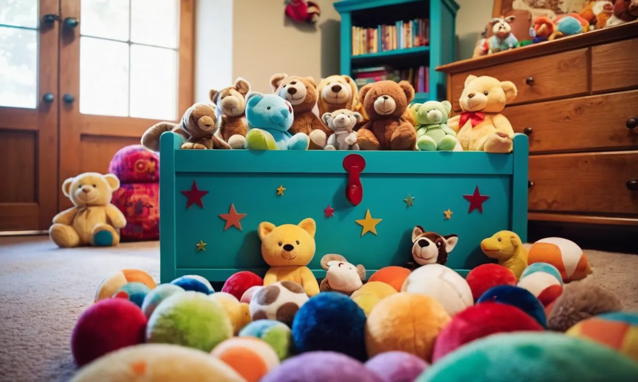 A whimsical photo capturing a colorful toy chest overflowing with a menagerie of stuffed animals, nestled amidst a child's room, radiating joy and imagination.