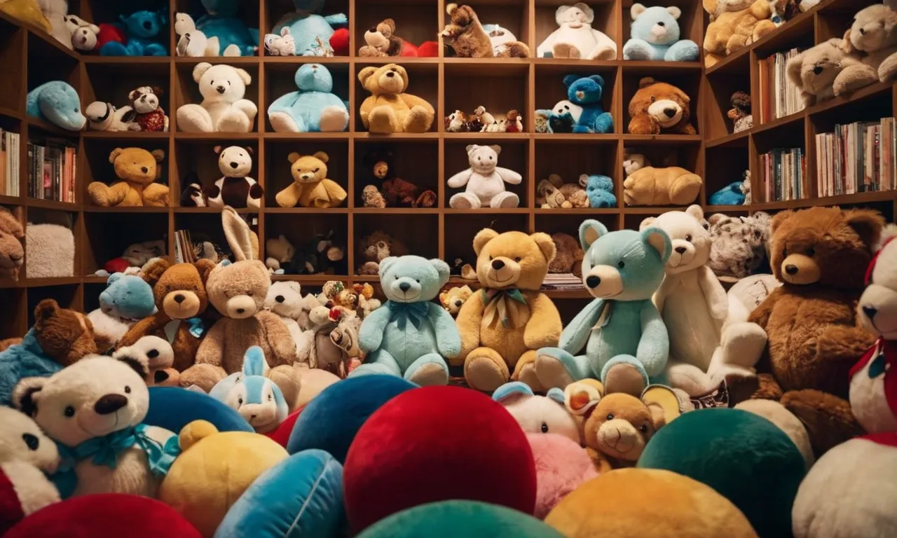 A cluttered room filled to the brim with an overwhelming collection of stuffed animals, towering high in colorful chaos, showcasing the world's greatest assemblage of cuddly companions.