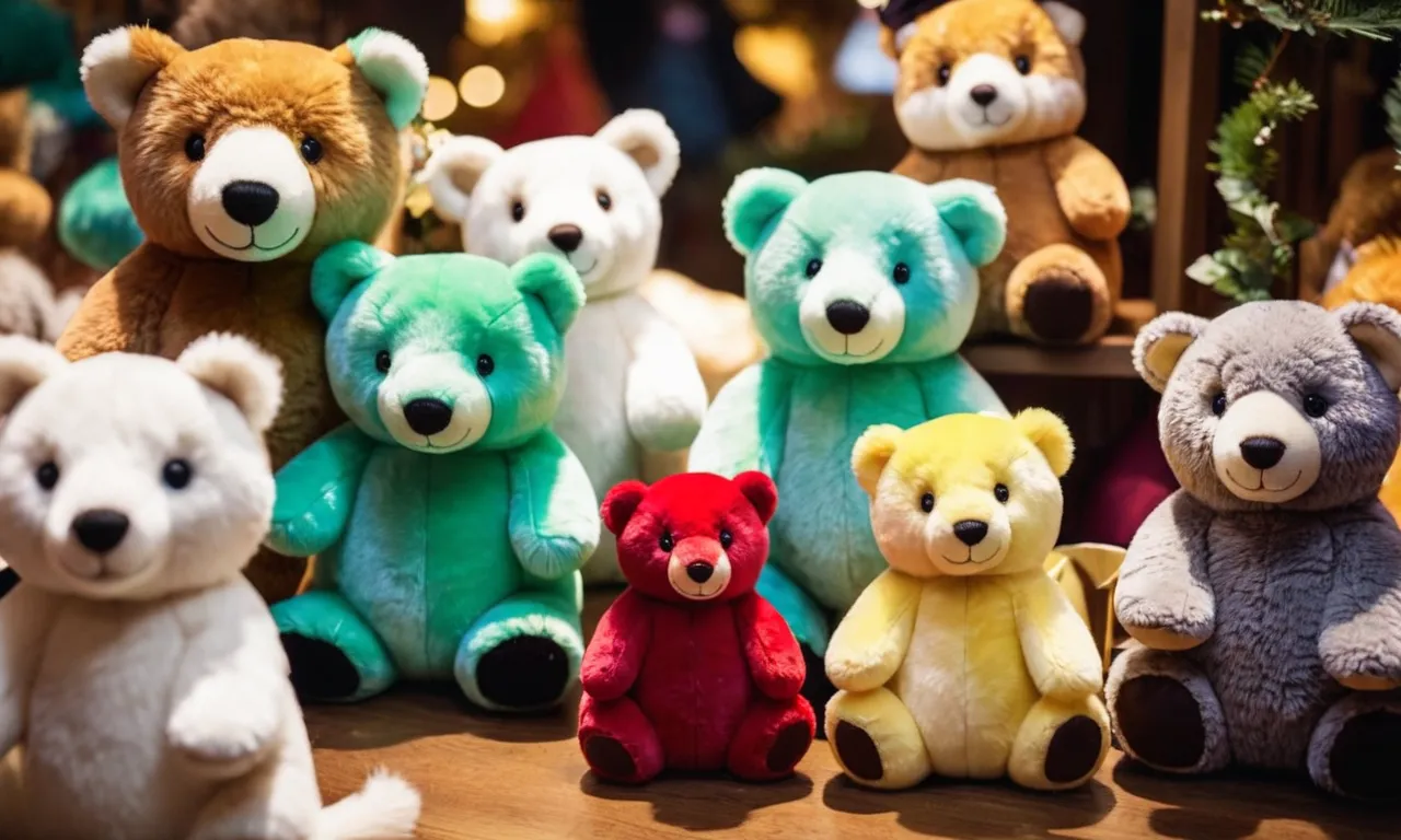 A captivating photo capturing a colorful array of handcrafted Aurora stuffed animals beautifully displayed on a vendor's table, inviting passersby with their adorable charm and whimsical allure.