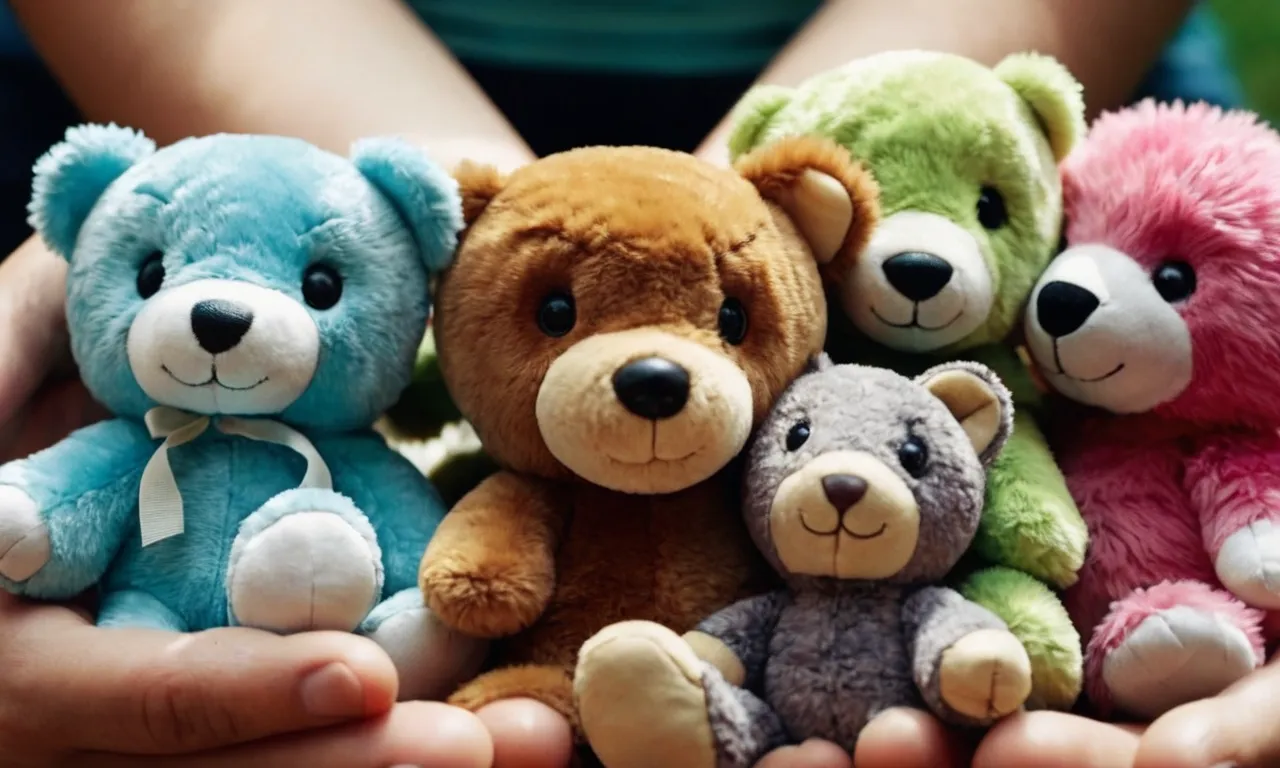 A close-up shot of a person's hands tightly clutching a collection of colorful, well-worn stuffed animals, their eyes filled with a mixture of nostalgia, comfort, and a touch of mystery.