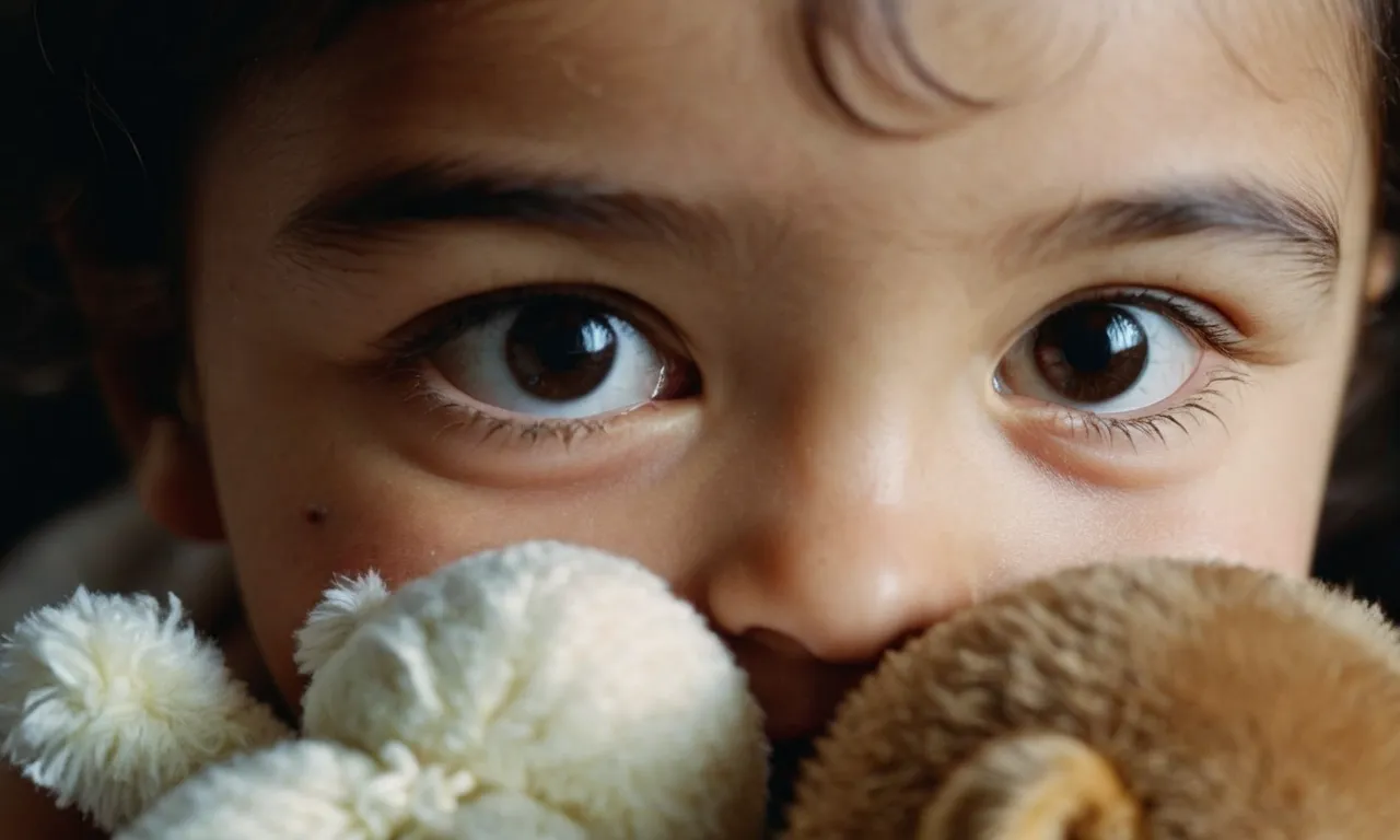 A close-up photo capturing a child's tear-stained face, clutching tightly onto a worn-out stuffed animal, symbolizing the bond and comfort these companions provide during moments of vulnerability and emotional support.