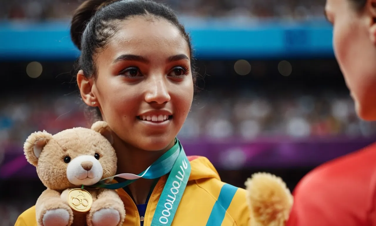 A close-up photo captures the bewildered expression on an athlete's face as they receive a gold medal alongside a stuffed animal, questioning the unexpected combination at the Olympics.