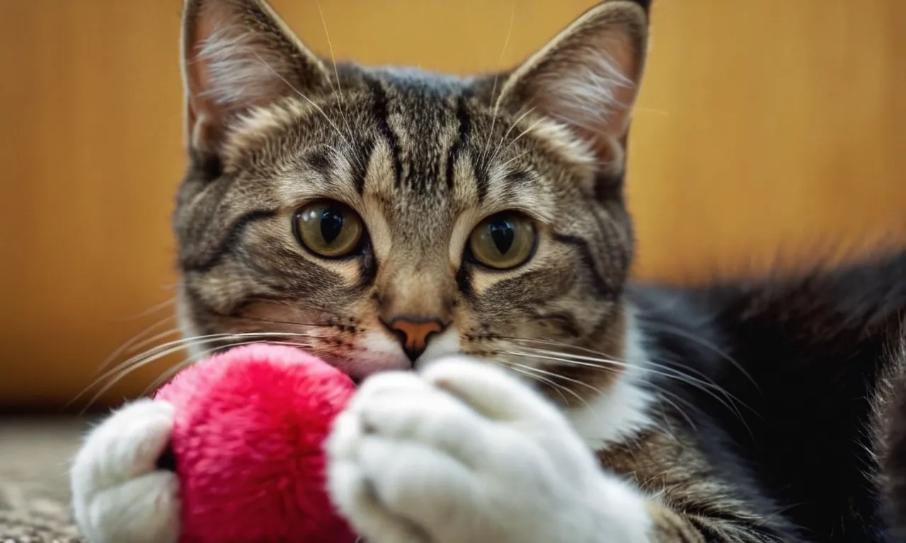 A close-up photo capturing a curious cat, proudly holding a soft stuffed toy in its mouth, showcasing the feline's instinctual need for comfort and playfulness.