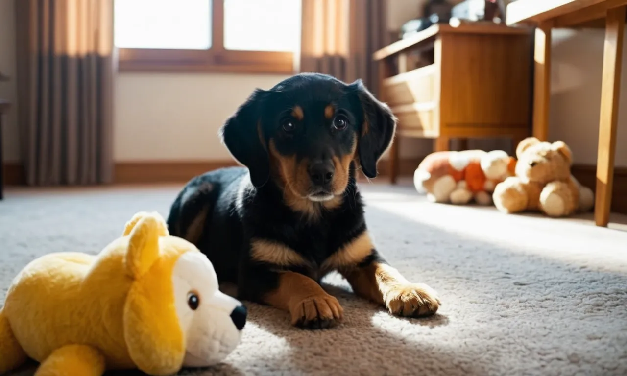 A curious canine gazes at a plush toy, embodying innocence and mischief. The photograph captures the innate instinct and peculiar fascination dogs have with humping stuffed animals, evoking both humor and intrigue.