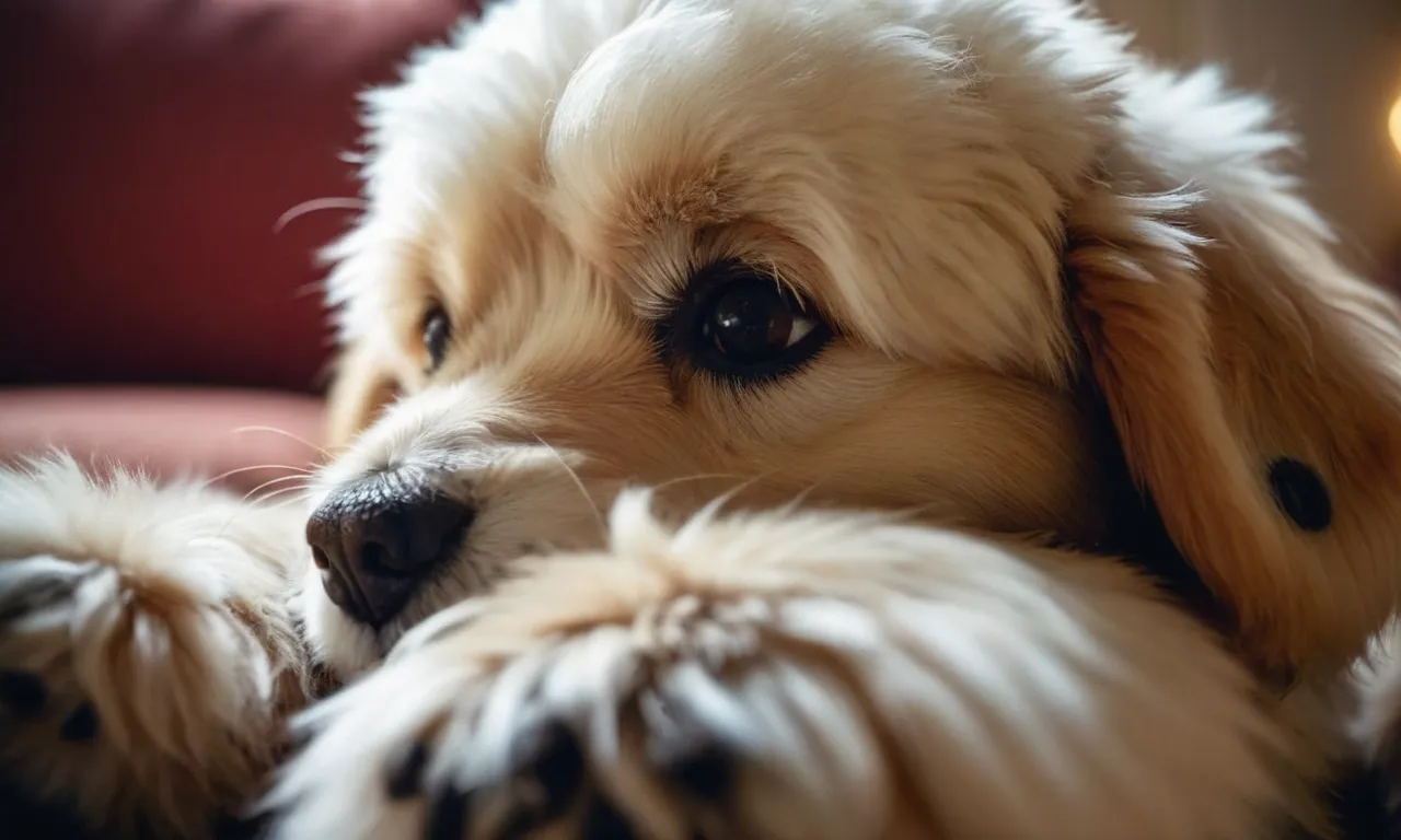A close-up shot capturing a fluffy stuffed animal covered in tiny paw prints, embodying the adorable instinct of dogs to knead their beloved toys with pure affection and comfort.