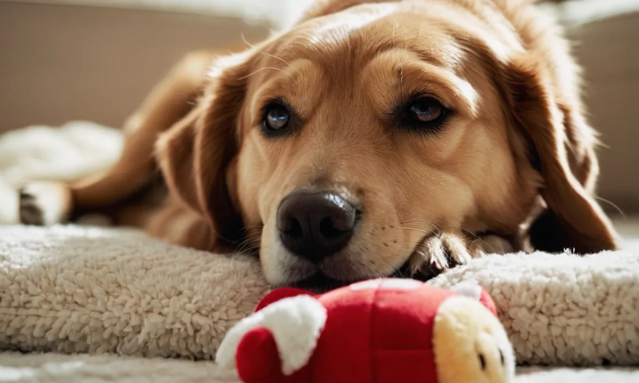 A close-up photo capturing a contented dog, gently cuddling a plush toy in its mouth, its eyes filled with joy and a sense of comfort, showcasing their undeniable affinity for stuffed animals.
