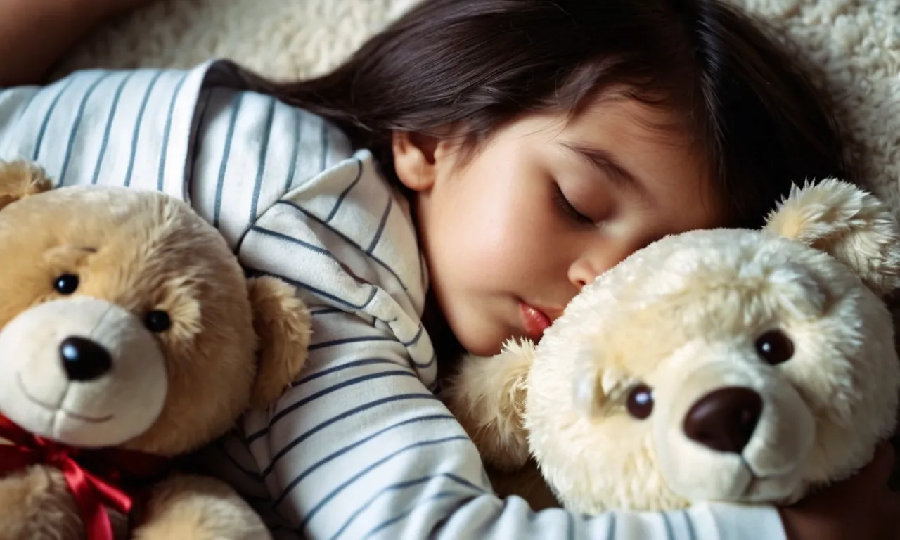 A close-up photo capturing the tenderness of a sleeping child, peacefully cradling a well-loved stuffed bear, revealing the eternal comfort and innocence that lingers in our hearts.