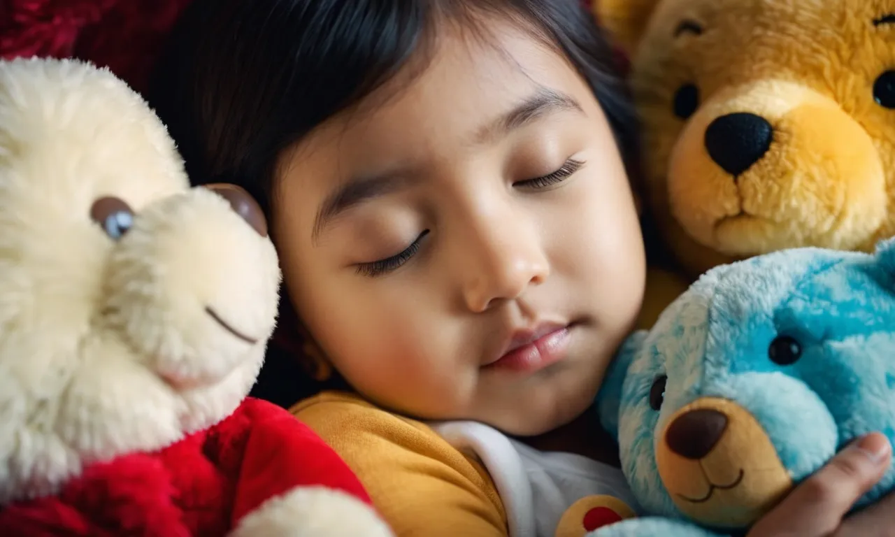 An image capturing a person tightly embracing a soft, cuddly stuffed animal, their eyes closed, showcasing the comfort and solace found in the simple act of hugging a beloved toy.