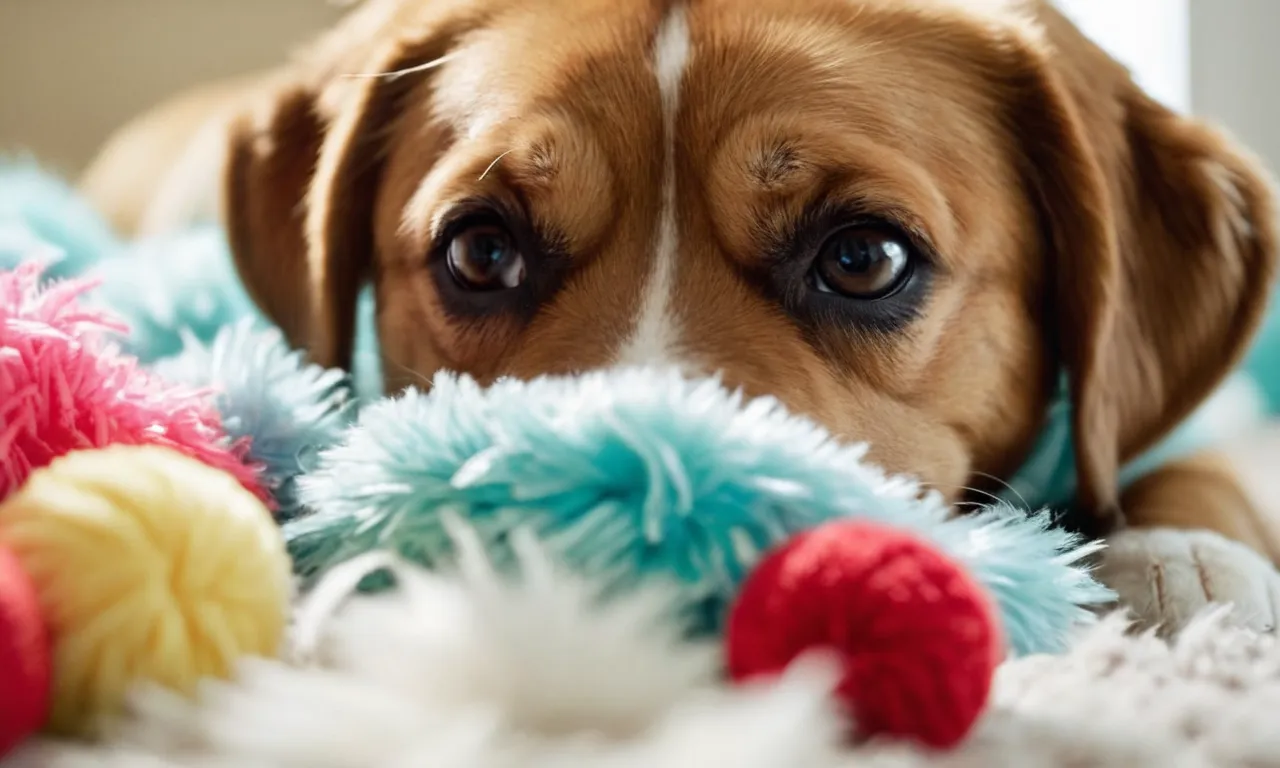 A close-up photo capturing a curious dog's mouth gently nibbling on a fluffy stuffed animal, showcasing their playful nature and the instinctual need to explore and interact with objects.