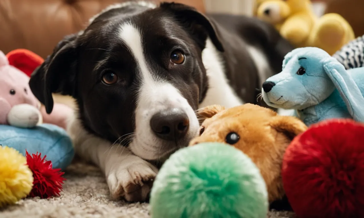 A close-up photo capturing the perplexed expression on a dog's face as it curiously examines a pile of well-loved stuffed animals, highlighting the intriguing and instinctual behavior of female dogs humping objects.
