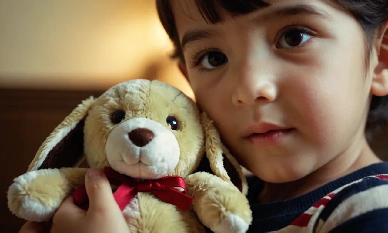 A close-up shot capturing the innocence and wonder in a child's eyes as they embrace a beloved stuffed animal, questioning the purpose behind its creation.